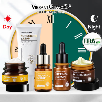 VIBRANT GLAMOUR FDA SET - Vitamin C Cream & Serum + Sunscreen (SPF50) & Retinol Serum, Cream