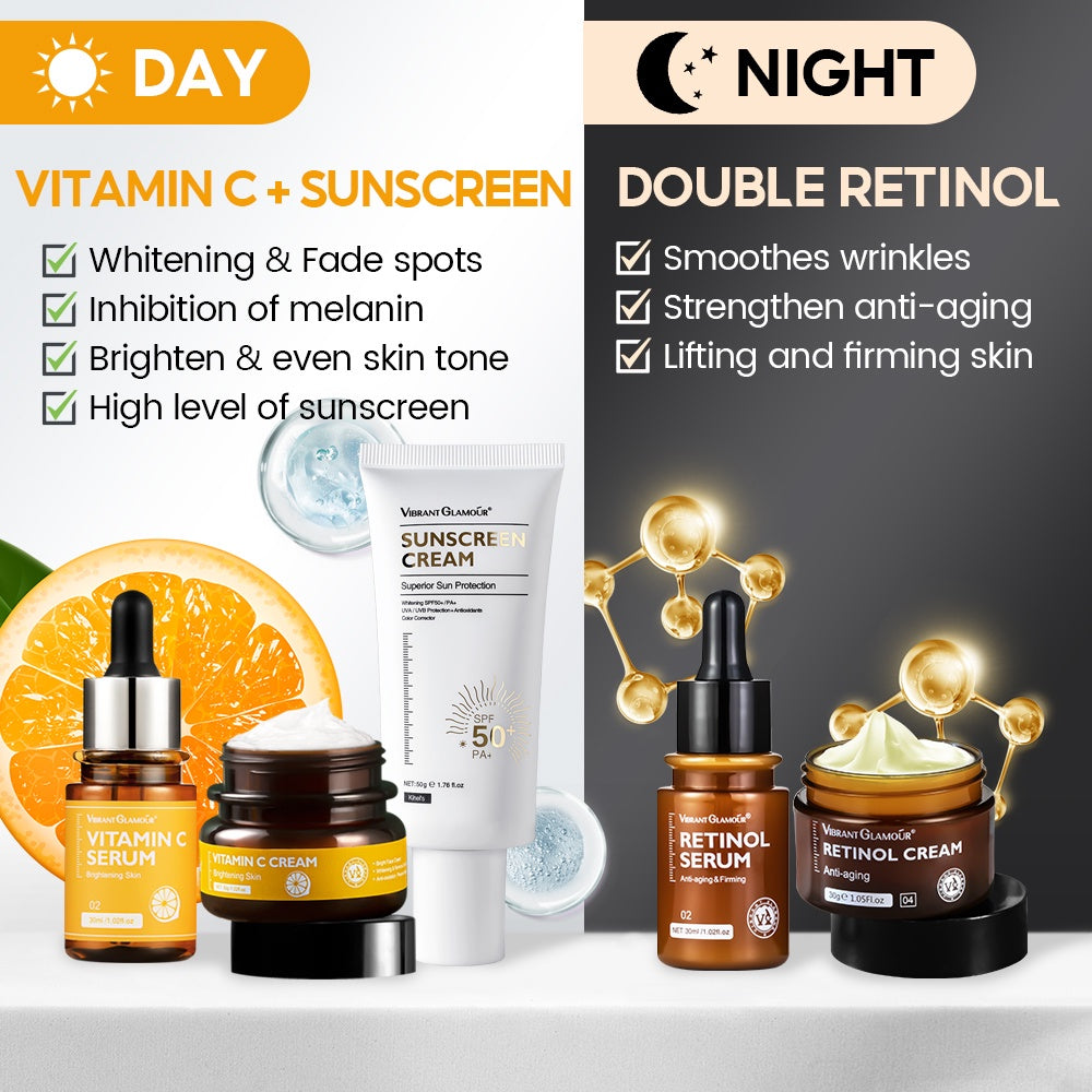 VIBRANT GLAMOUR FDA SET - Vitamin C Cream & Serum + Sunscreen (SPF50) & Retinol Serum, Cream