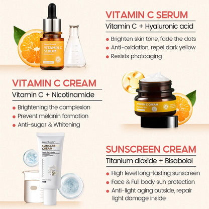 VIBRANT GLAMOUR FDA SET - Vitamin C Cream & Serum + Sunscreen (SPF50) & Retinol Serum, Cream